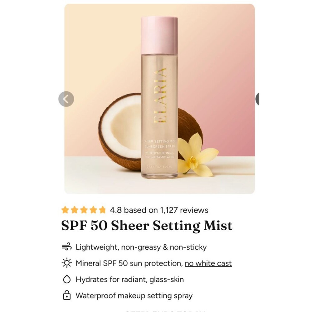 ElARIA SPF50 SUNSCREEN SHEER SETTING MIST ,75 ml /2.53 fl. oz